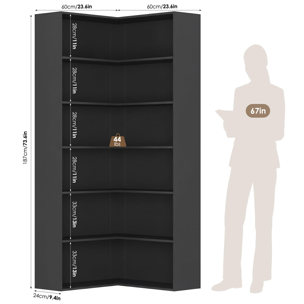 Corner Bookshelf with Storage, 73.5" Tall Black Bookcase Q249
