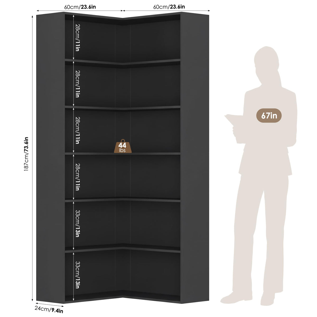 Corner Bookshelf with Storage, 73.5" Tall Black Bookcase Q249