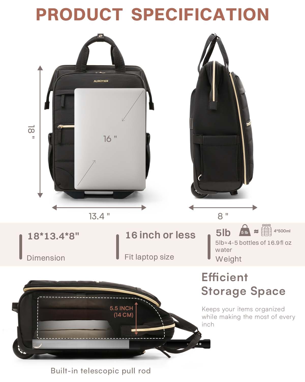 Black Rolling Puffer Backpack with Wheels H6369
