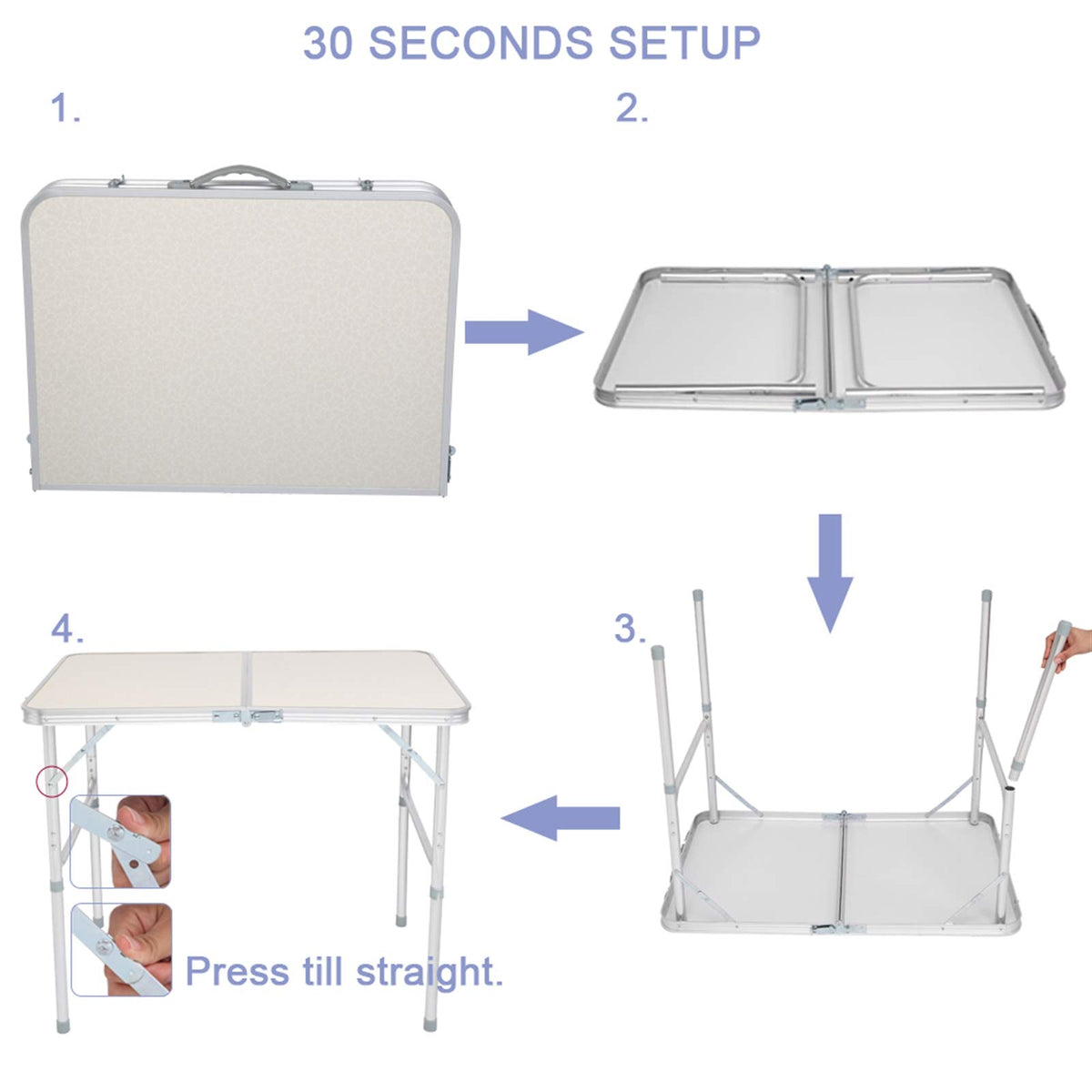 Folding Portable Camping Table 3 FT Aluminum White P27661