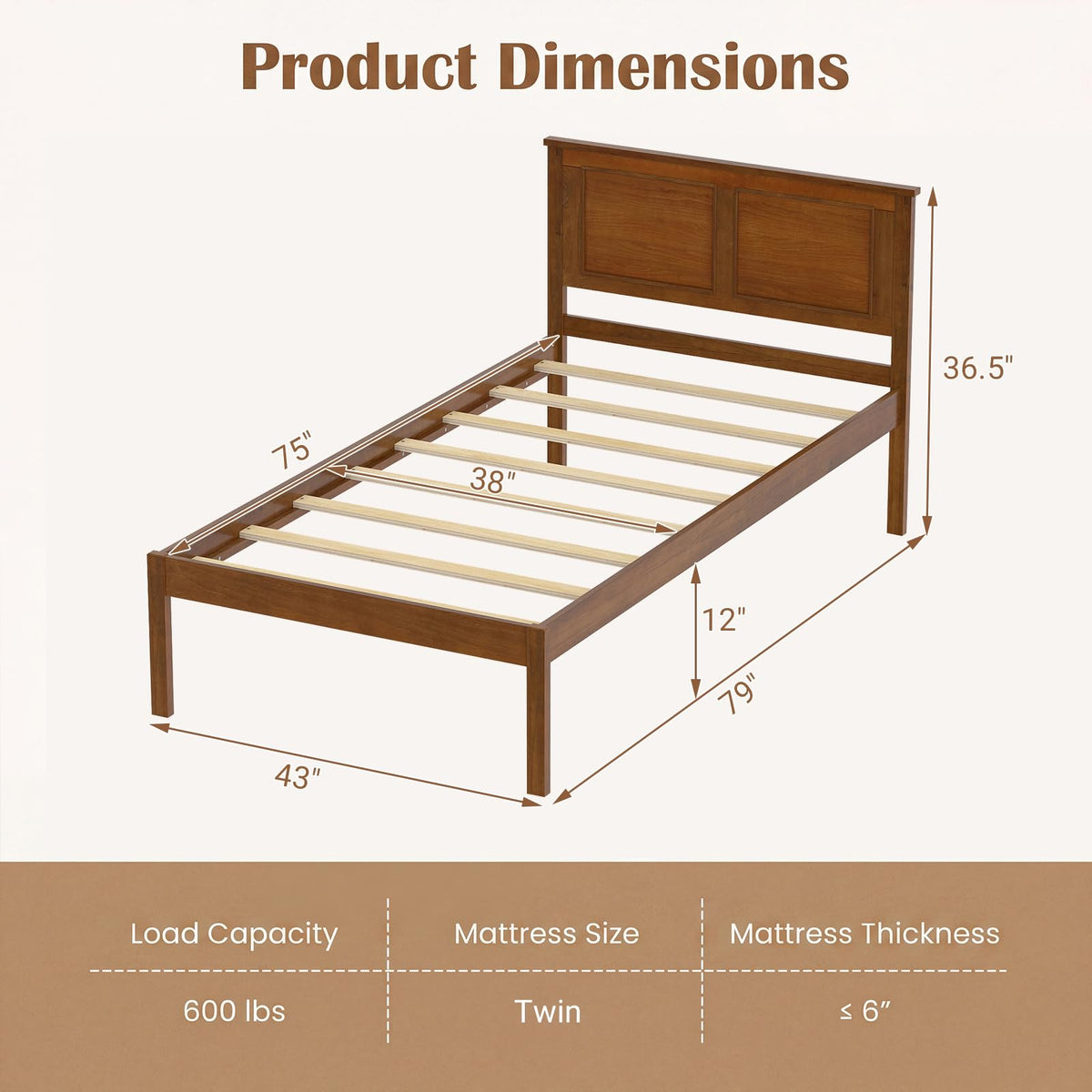 Twin Size Wooden Platform Bed with Headboard Q125