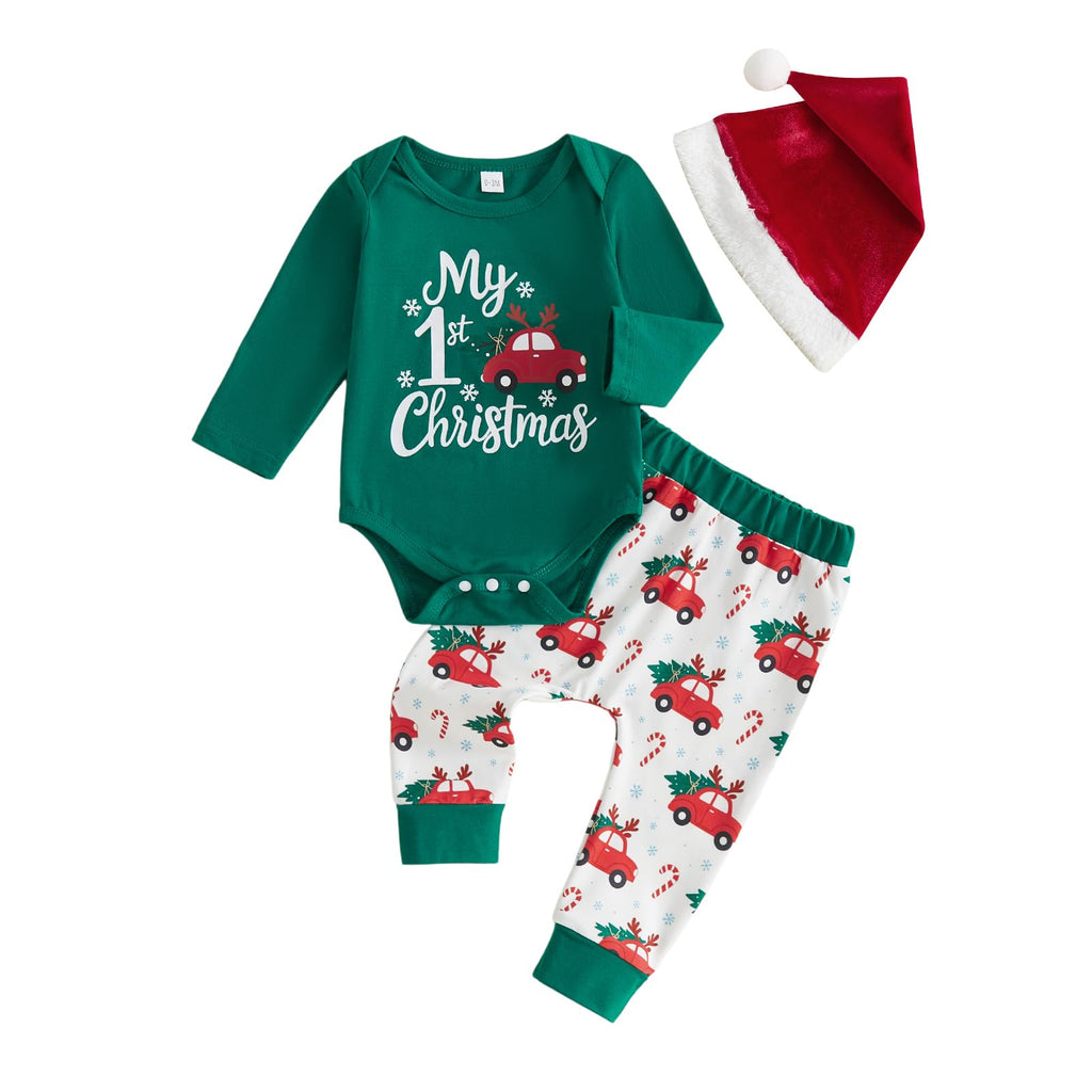 My First Christmas Baby Boy Outfit Romper Pants Hat Q50995