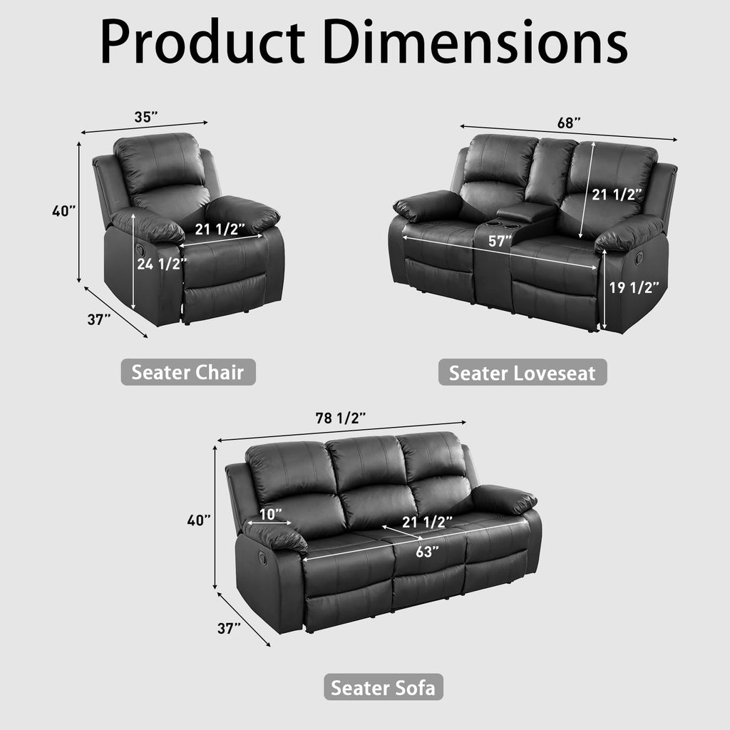 Black 3 Piece Leather Recliner Sofa Set with Cup Holders J4605