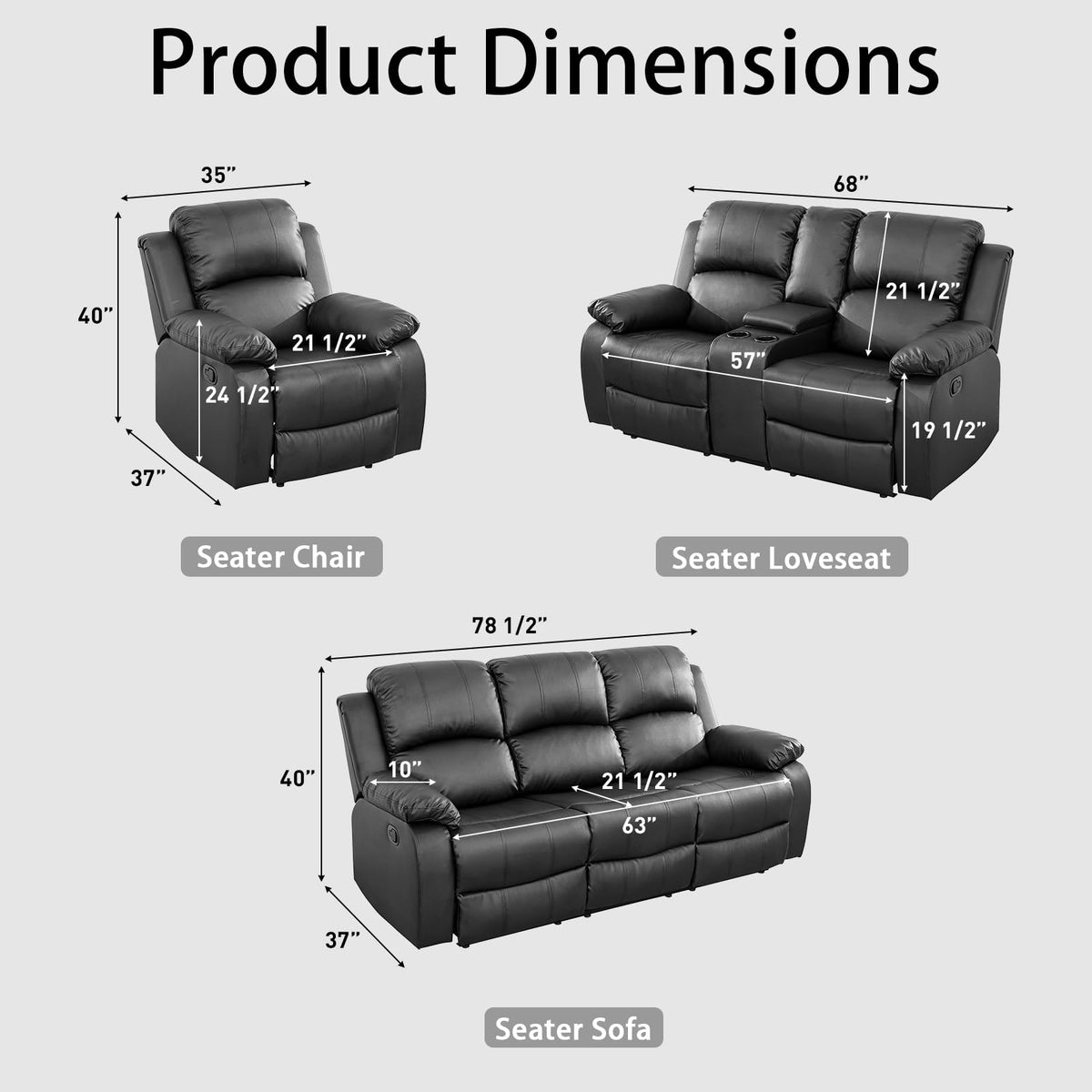 Black 3 Piece Leather Recliner Sofa Set with Cup Holders J4605