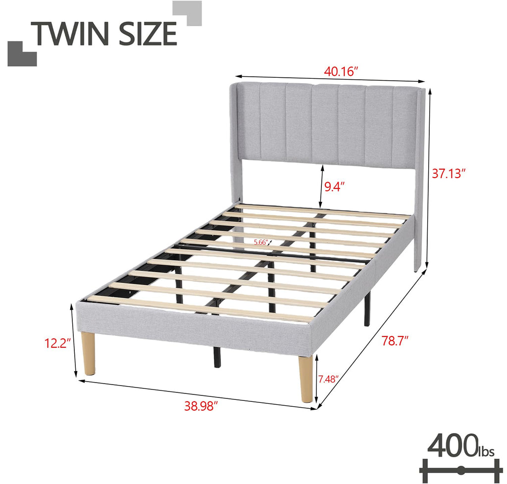 Twin Size Light Gray Linen Upholstered Bed Frame J92187