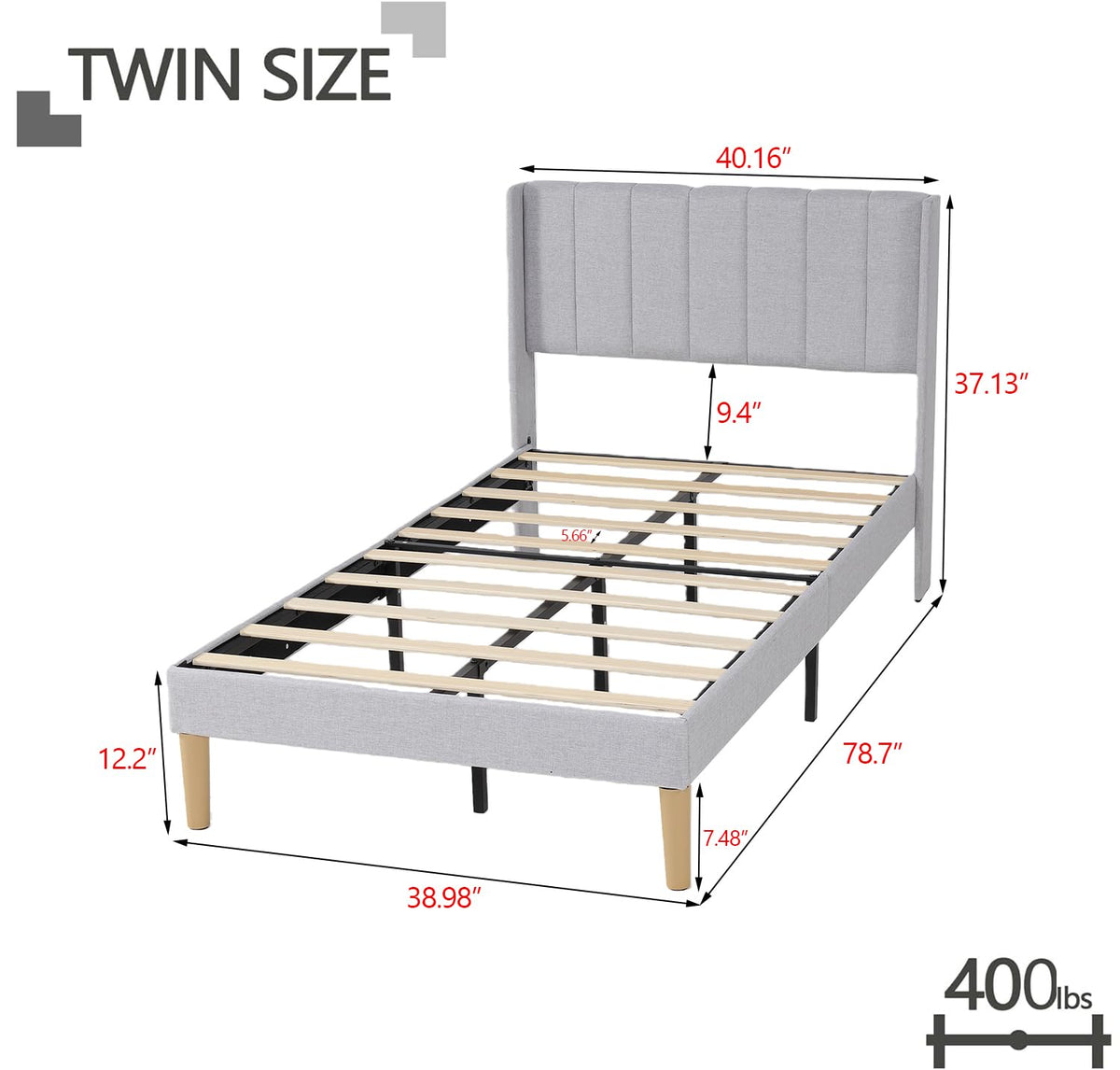 Twin Size Light Gray Linen Upholstered Bed Frame J92187