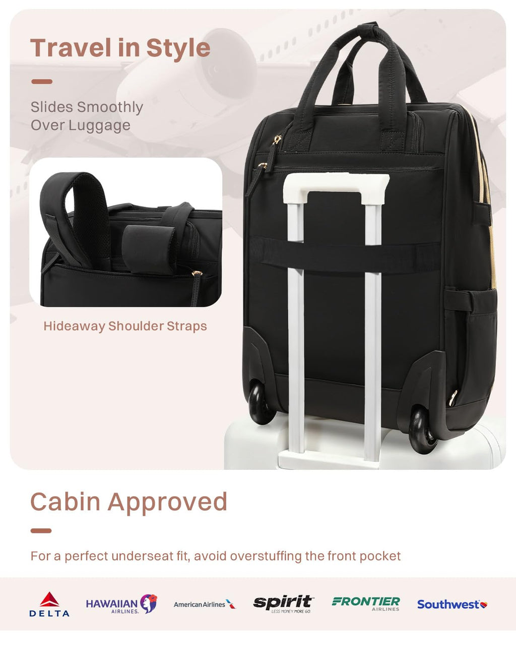 Black Rolling Puffer Backpack with Wheels H6369