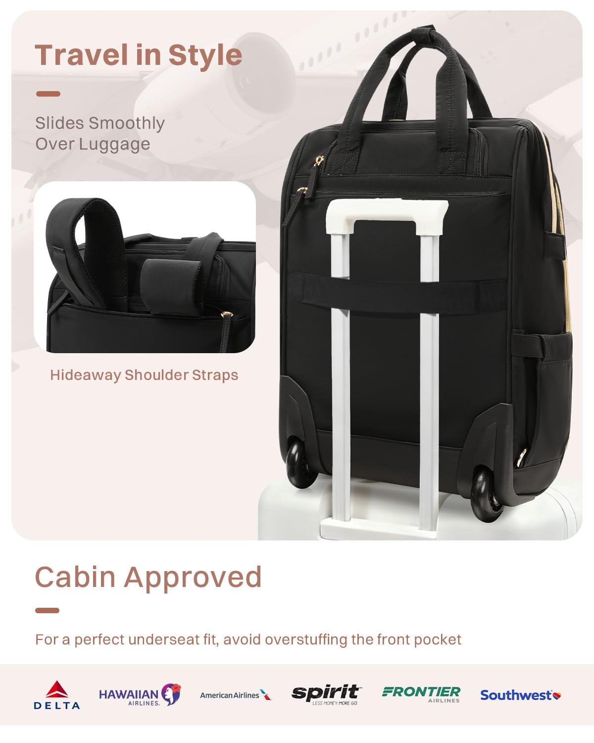 Black Rolling Puffer Backpack with Wheels H6369