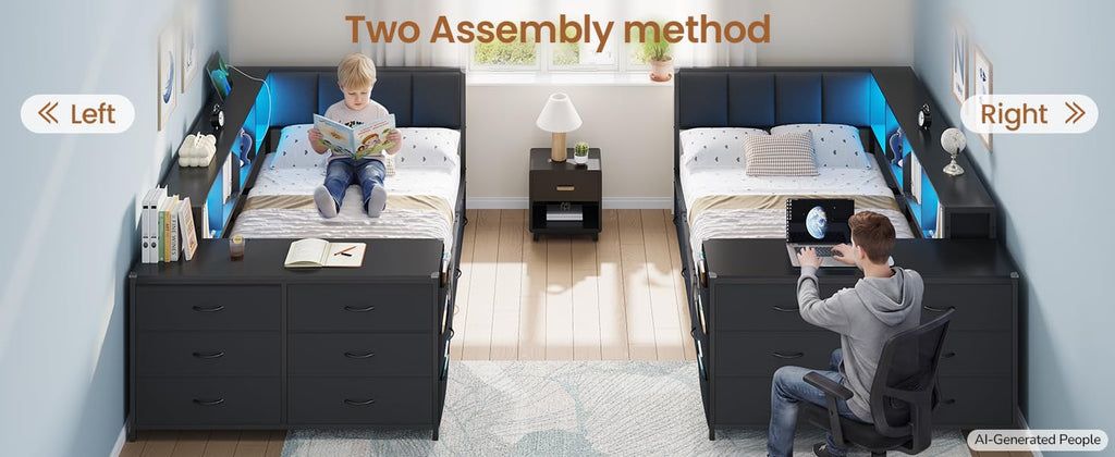 Twin Corner Bed with 6 Storage Dressers, 3 Drawers & Bookcase, Charging Station and LED Light, Desk, Upholstered Headboard, Black U528426