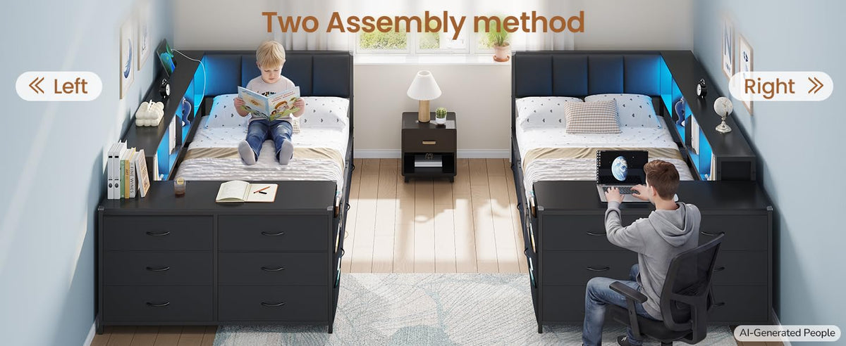 Twin Corner Bed with 6 Storage Dressers, 3 Drawers & Bookcase, Charging Station and LED Light, Desk, Upholstered Headboard, Black U528426