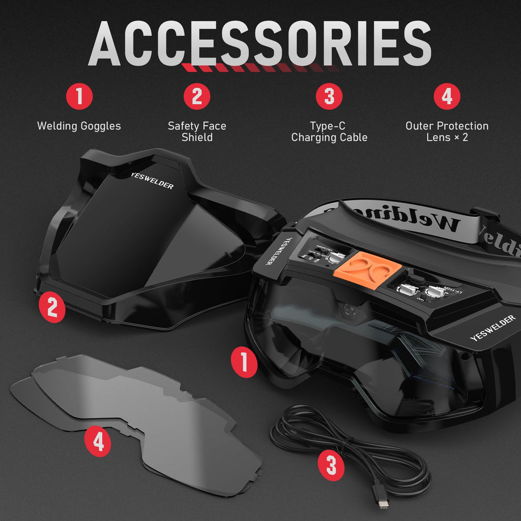 Auto-Darkening Welding Goggles with LED Light and Face Shield F988976