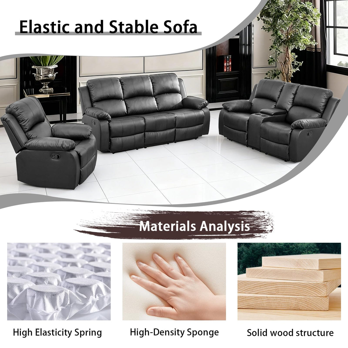 Black 3 Piece Leather Recliner Sofa Set with Cup Holders J4605