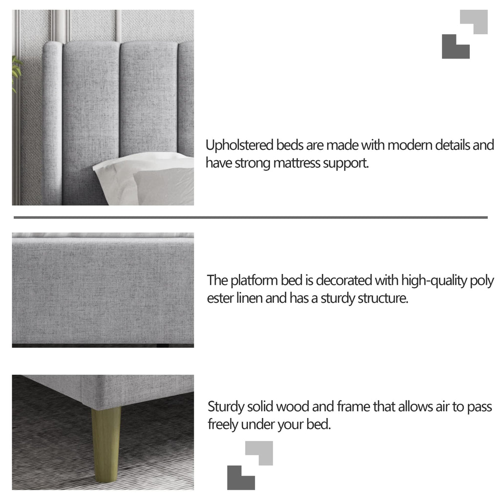Twin Size Light Gray Linen Upholstered Bed Frame J92187