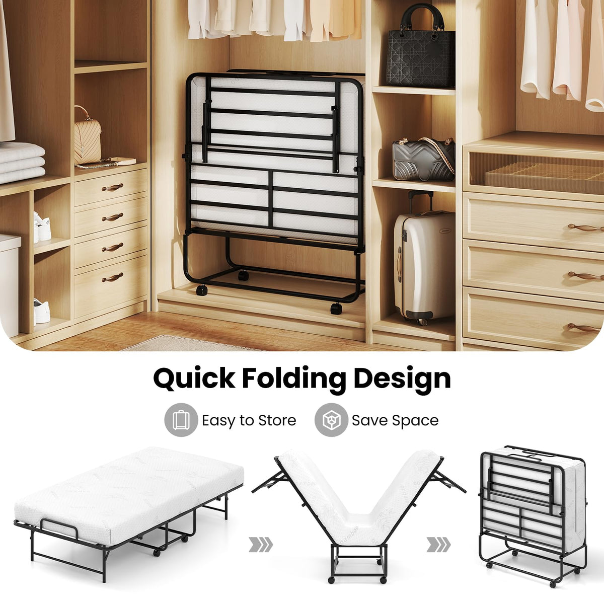 Twin Folding Bed with Memory Foam Mattress T410522