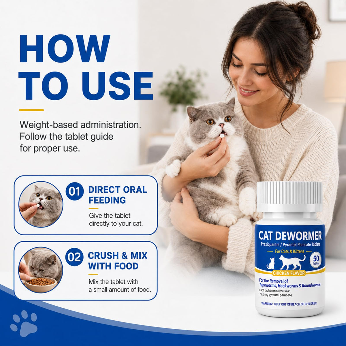 Cat Dewormer Tablets for Tapeworms, Roundworms and Hookworms P1597