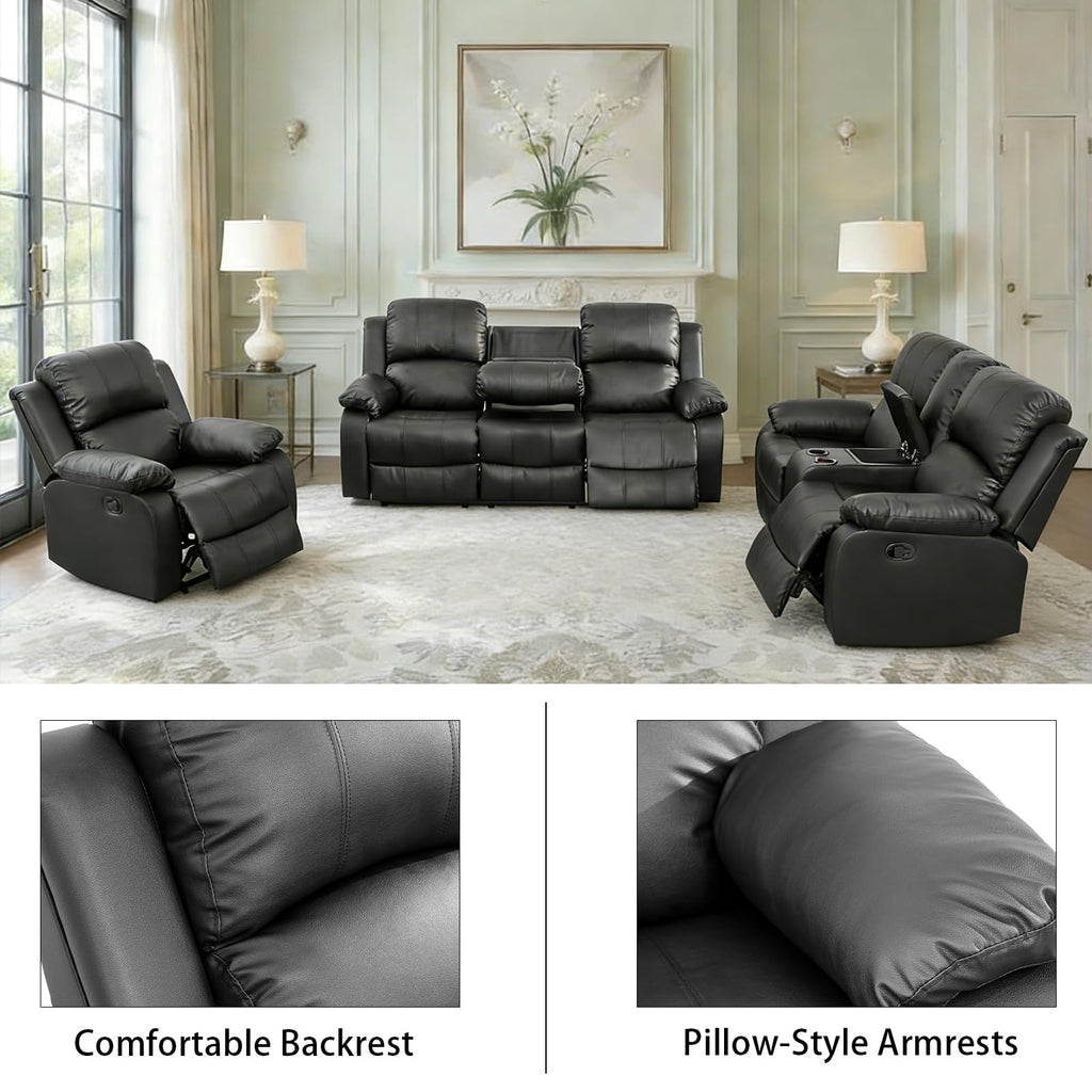 Black 3 Piece Leather Recliner Sofa Set with Cup Holders J4605
