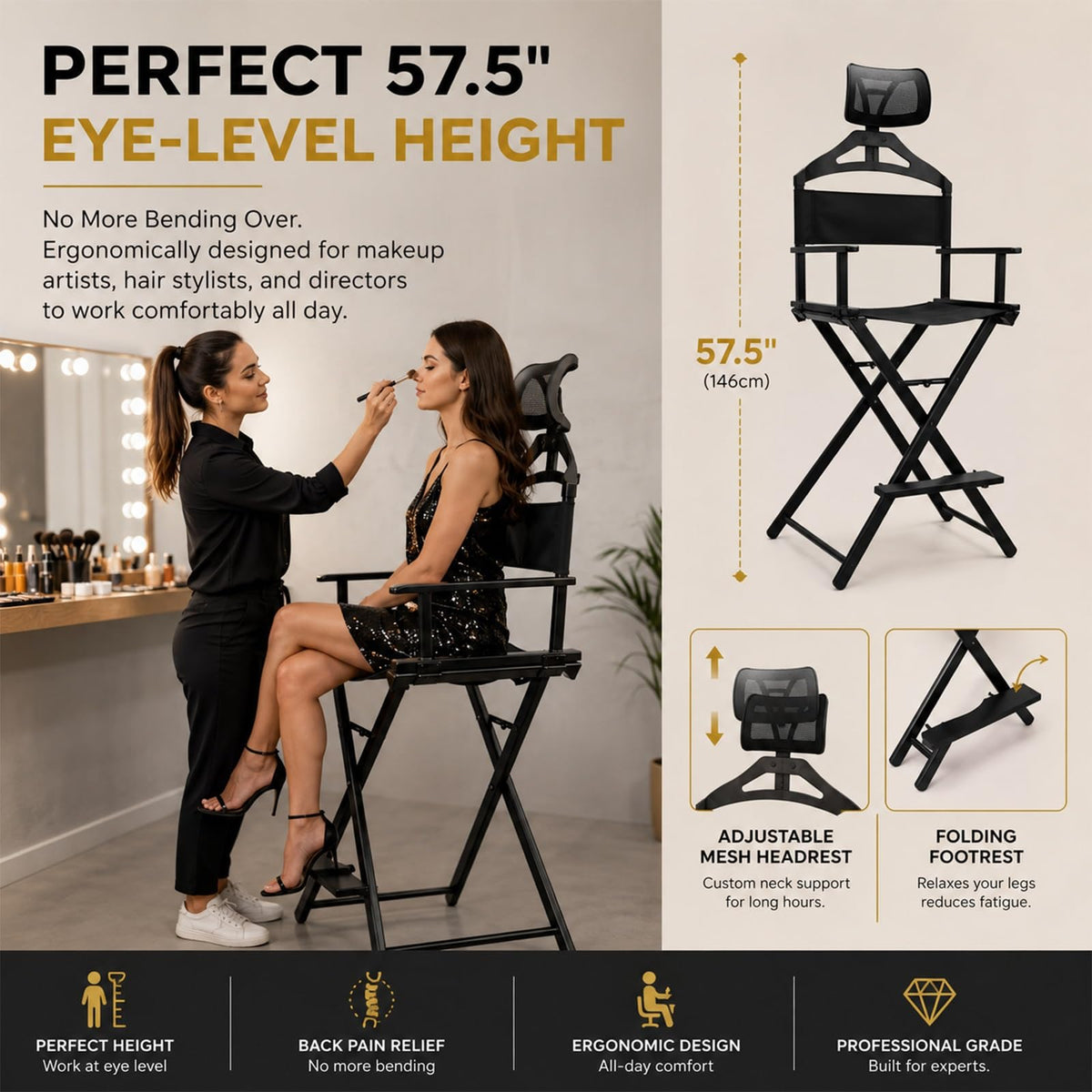 Extra Tall Aluminum Foldable Makeup Artist Chair D560346