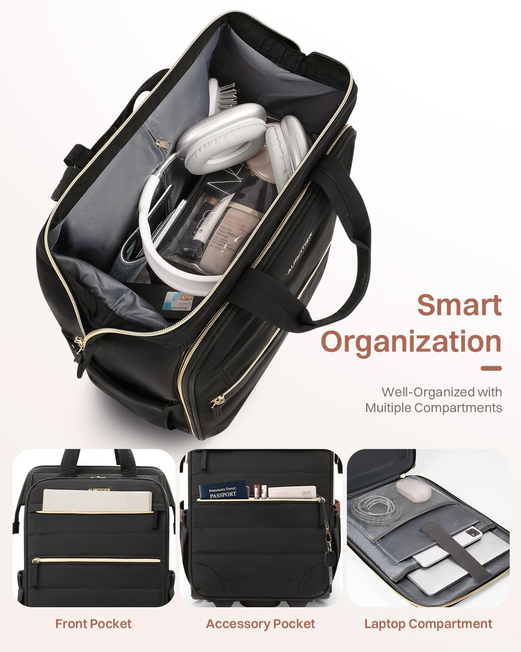 Black Rolling Puffer Backpack with Wheels H6369