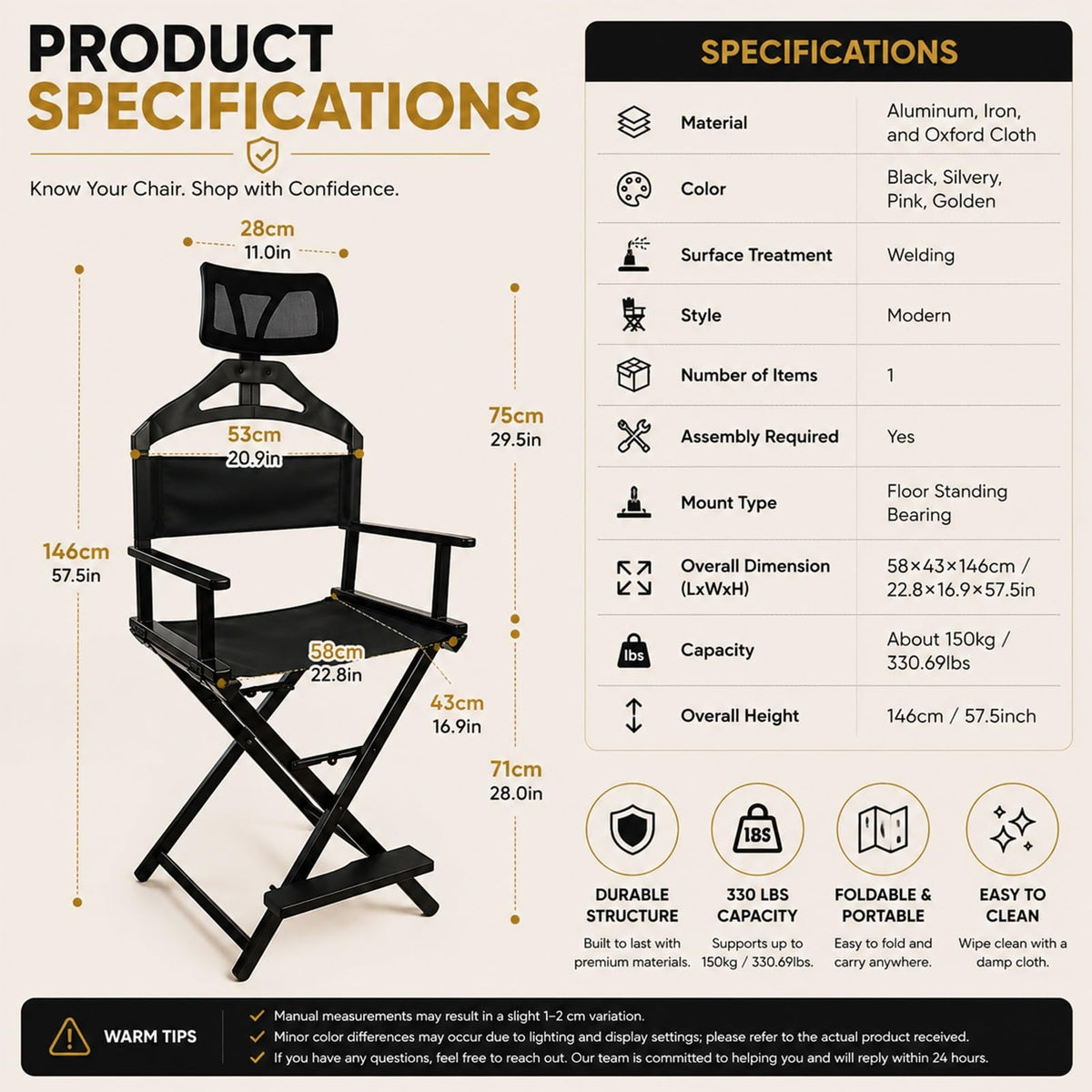 Extra Tall Aluminum Foldable Makeup Artist Chair D560346