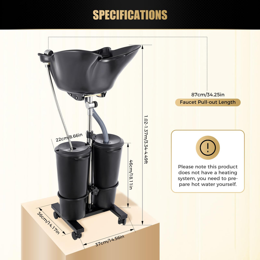 Portable Shampoo Bowl with Electric Pump, Adjustable Height, 2 Buckets, Black Z2048