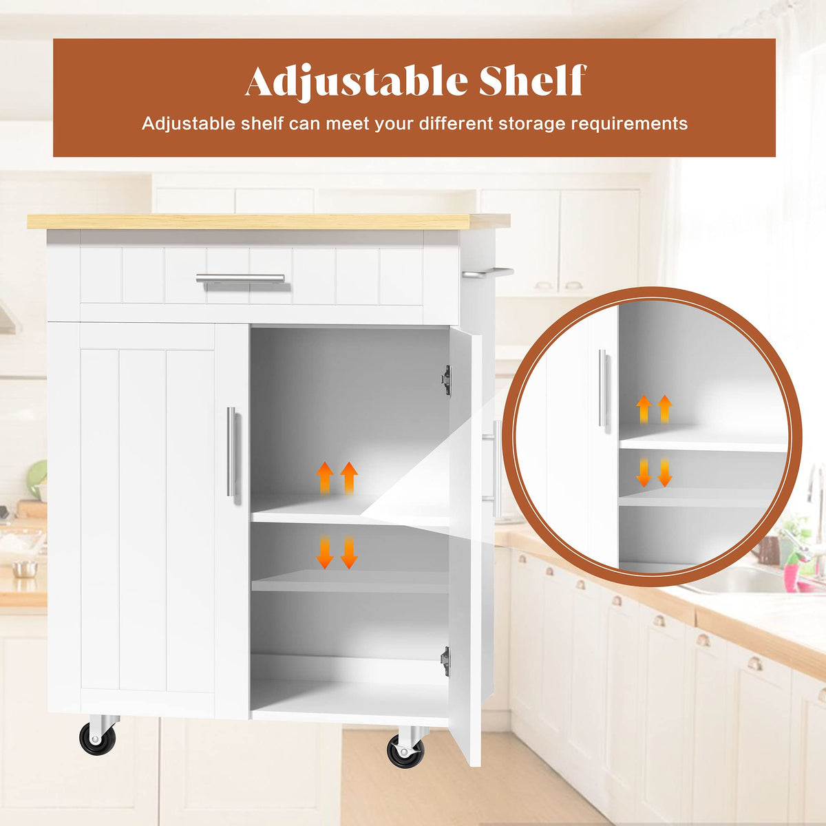 26" Rolling Kitchen Island Cart with Drawer, Shelves, Towel Rack, Lockable Casters, White S87267