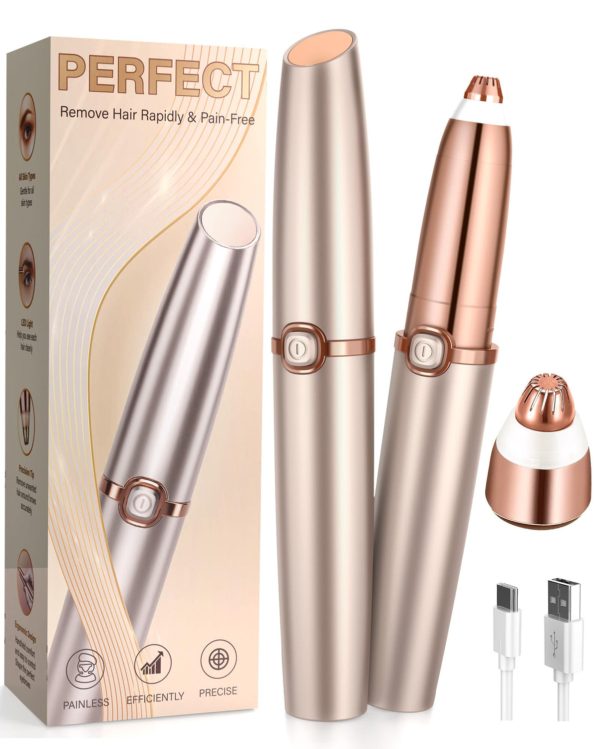 Rechargeable Eyebrow Trimmer with 2 Replacement Heads & LED Light A6084