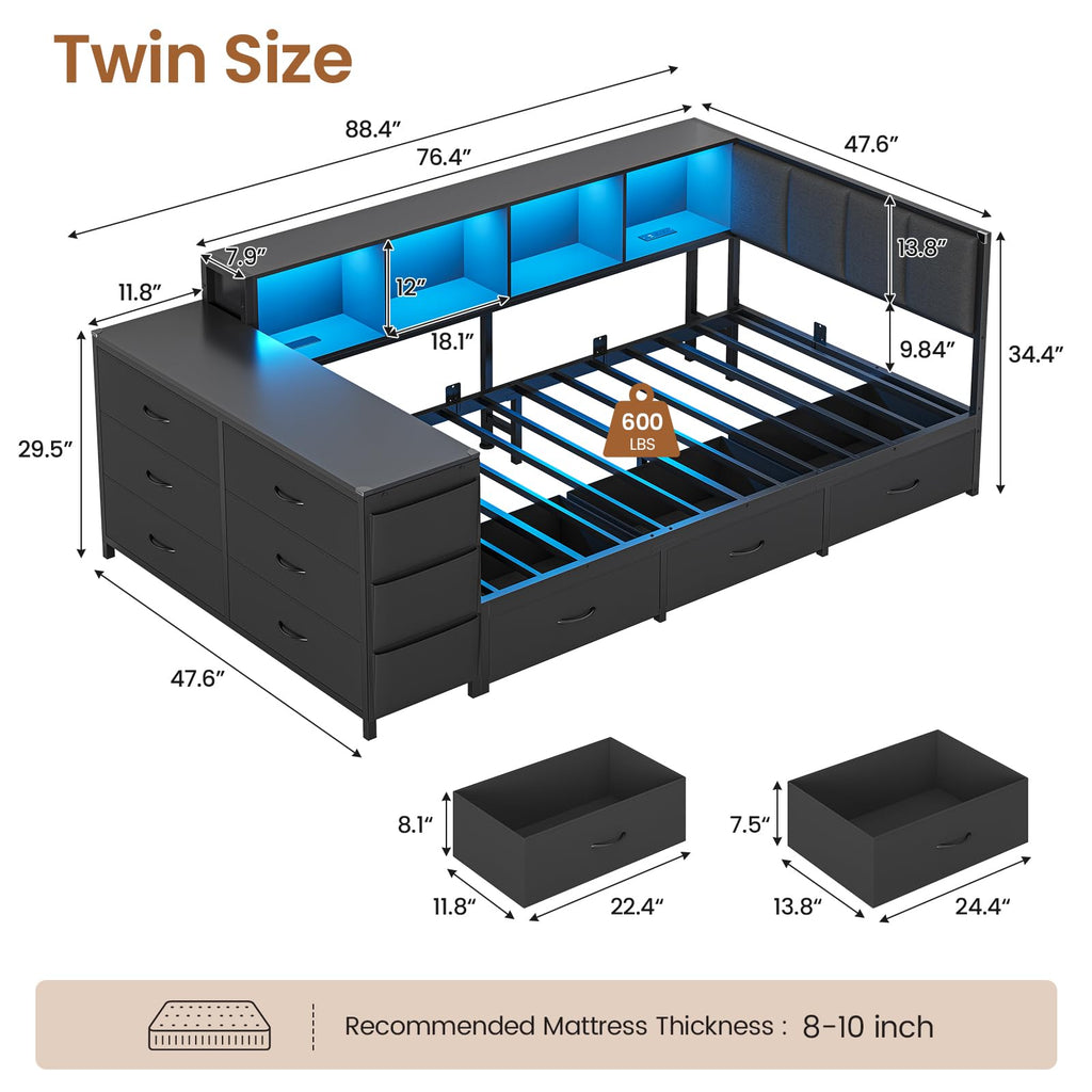 Twin Corner Bed with 6 Storage Dressers, 3 Drawers & Bookcase, Charging Station and LED Light, Desk, Upholstered Headboard, Black U528426