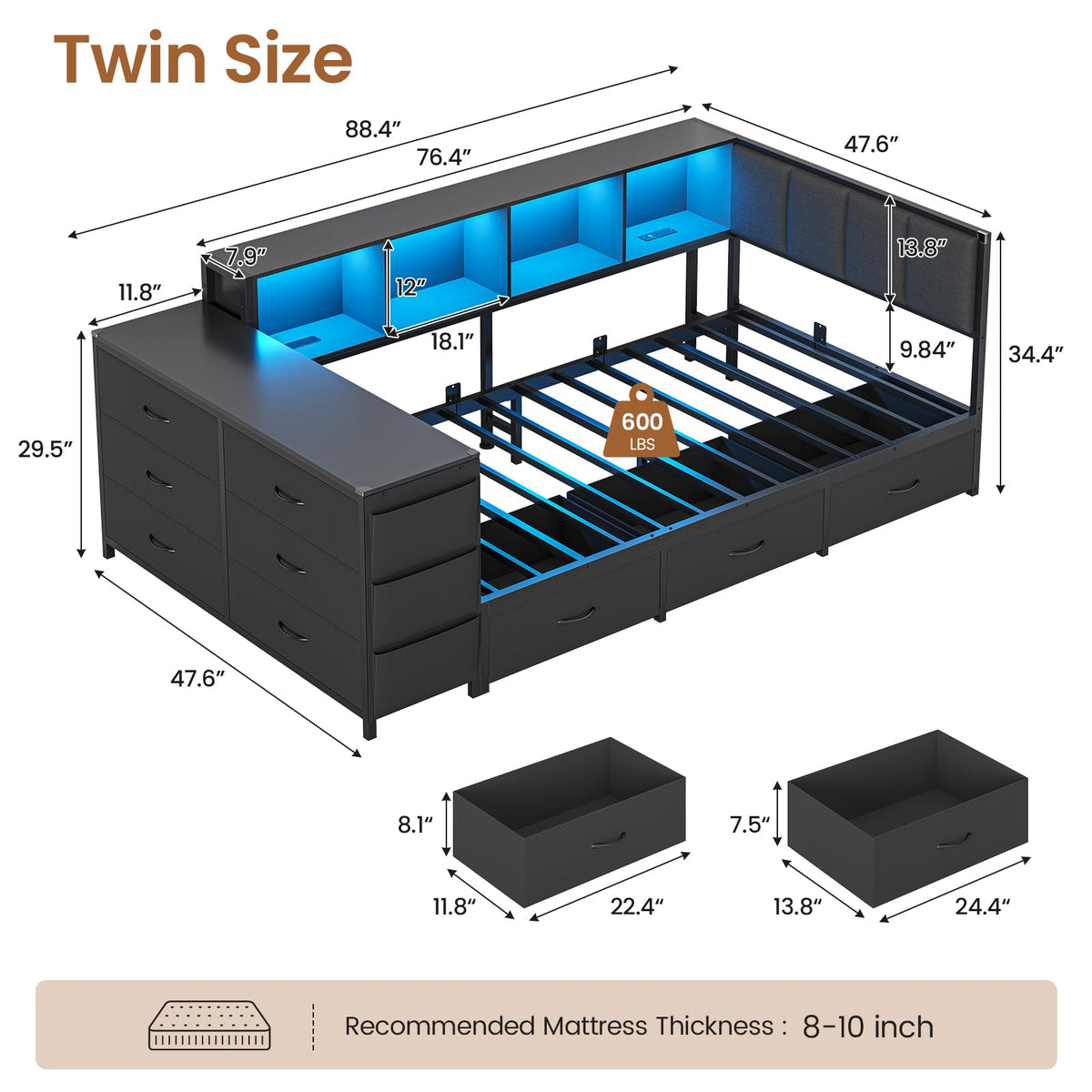 Twin Corner Bed with 6 Storage Dressers, 3 Drawers & Bookcase, Charging Station and LED Light, Desk, Upholstered Headboard, Black U528426