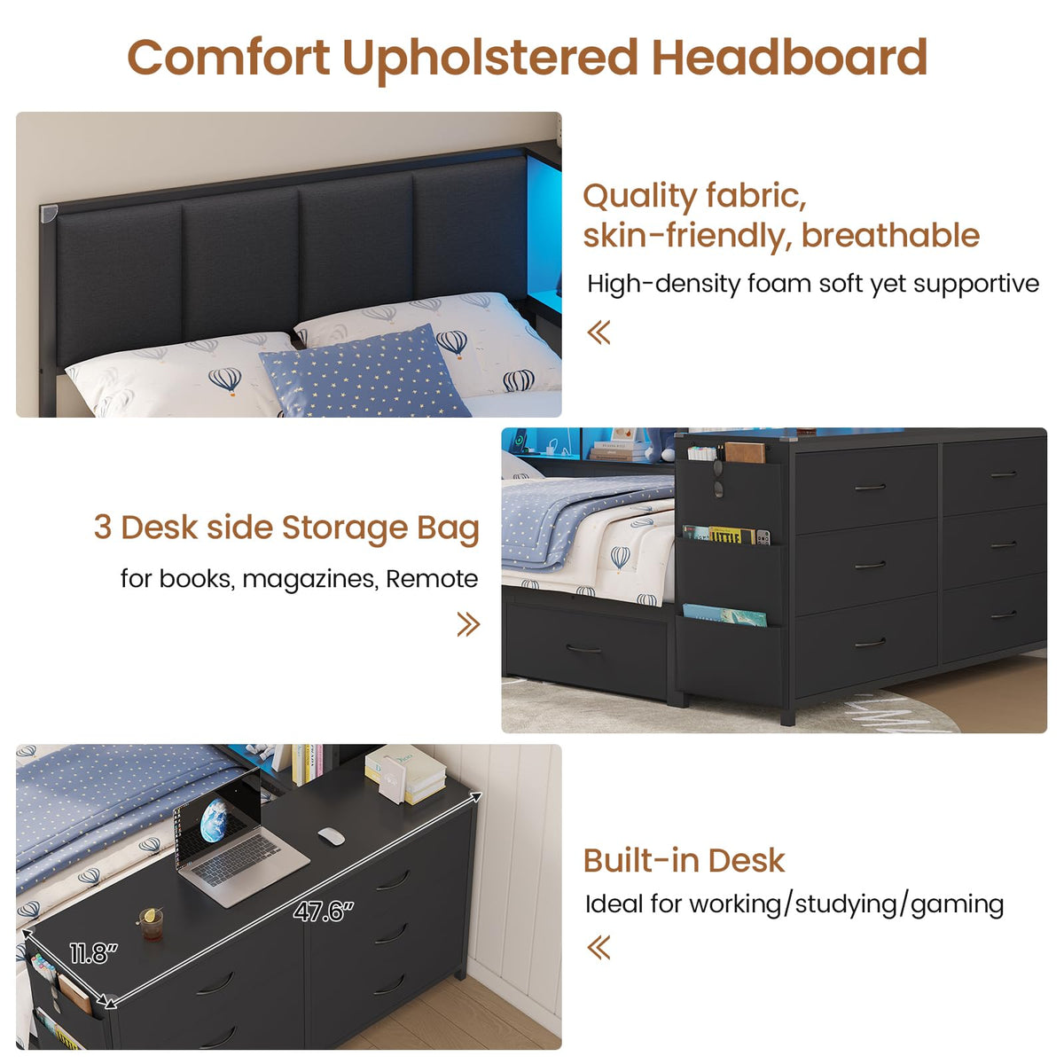 Twin Corner Bed with 6 Storage Dressers, 3 Drawers & Bookcase, Charging Station and LED Light, Desk, Upholstered Headboard, Black U528426
