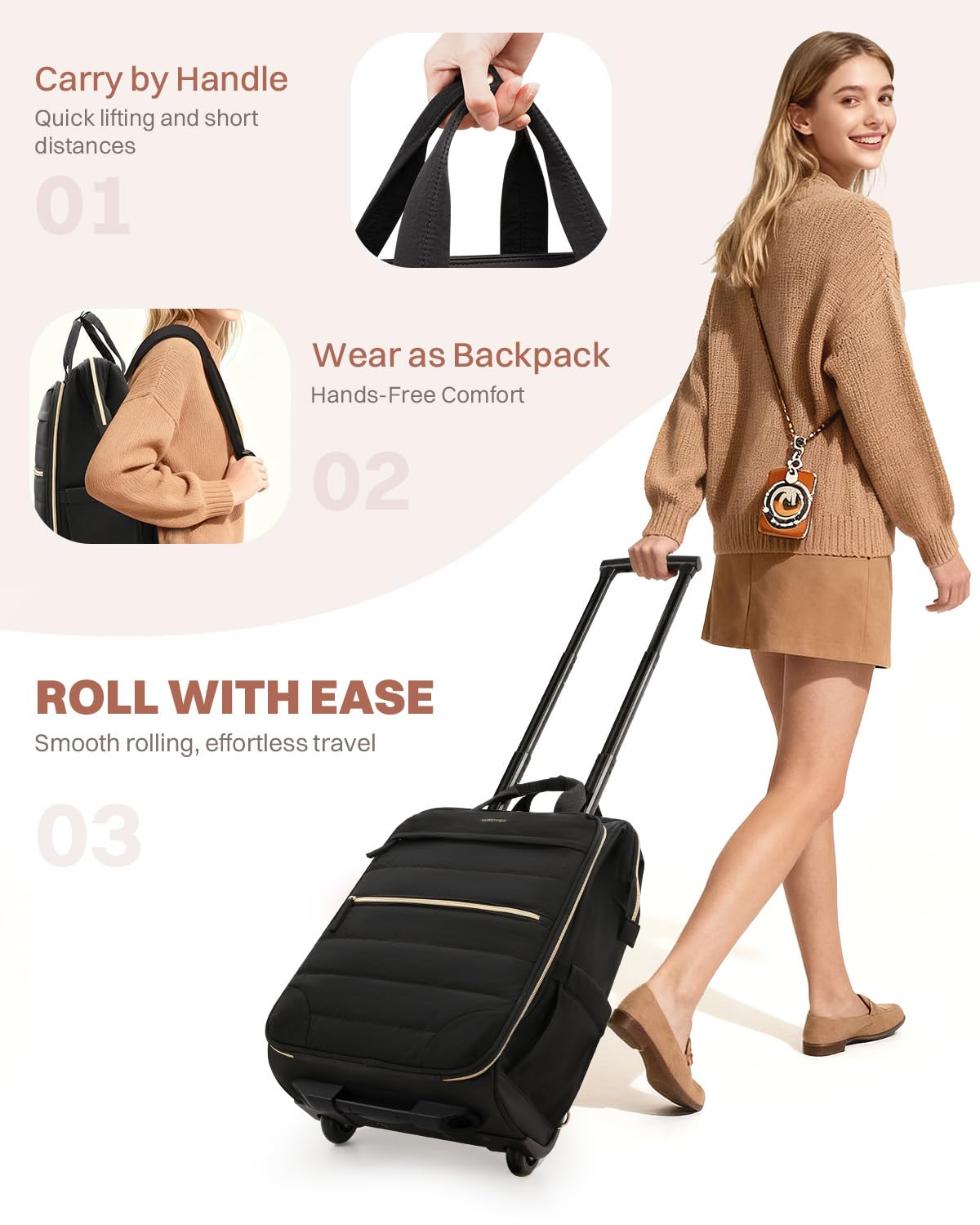 Black Rolling Puffer Backpack with Wheels H6369
