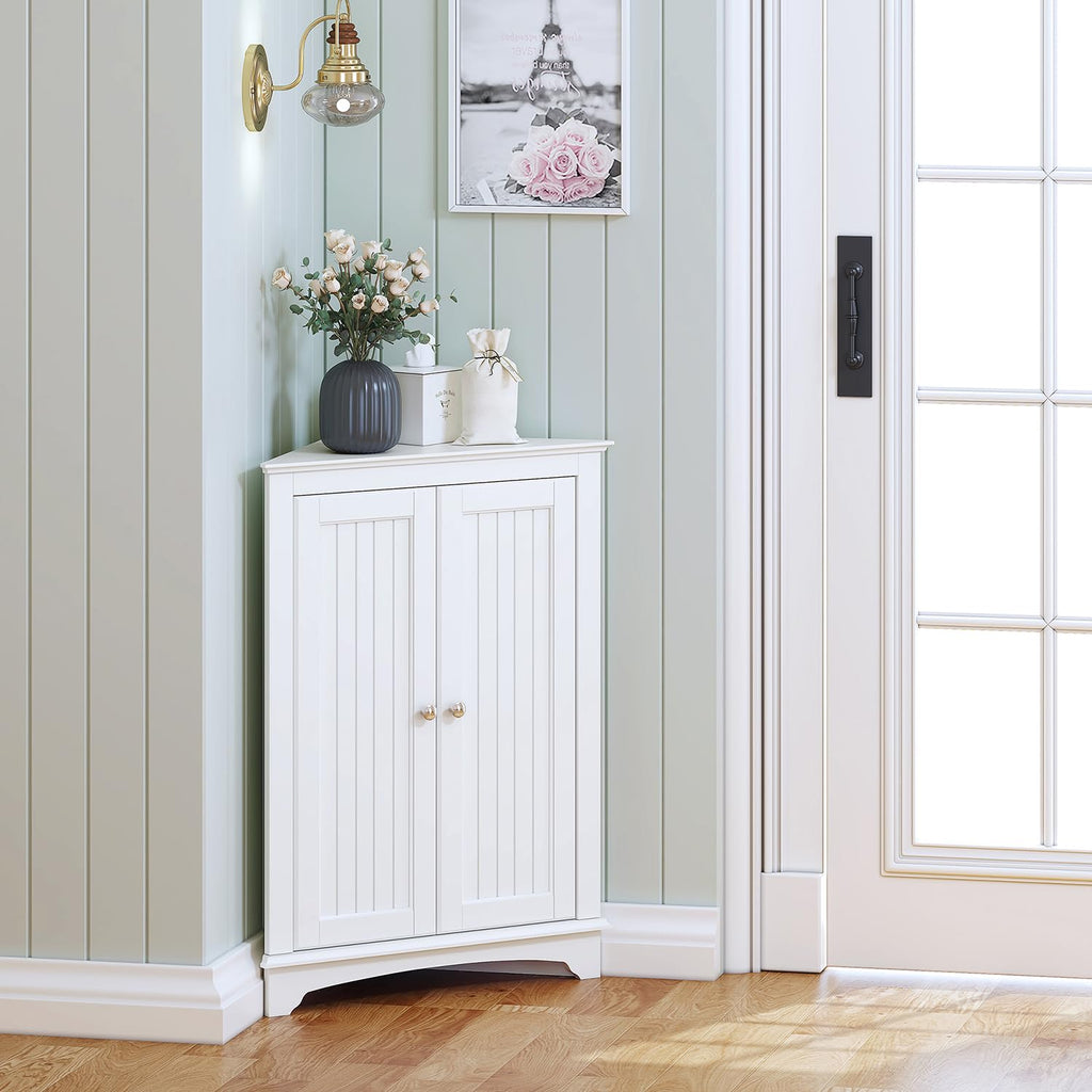 White Corner Bathroom Cabinet with Doors and Adjustable Shelf N4129