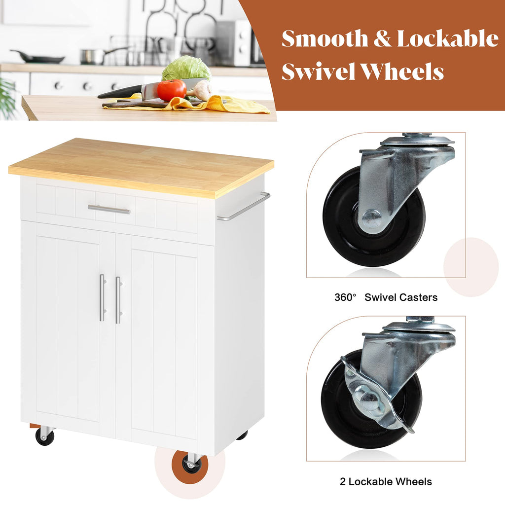 26" Rolling Kitchen Island Cart with Drawer, Shelves, Towel Rack, Lockable Casters, White S87267