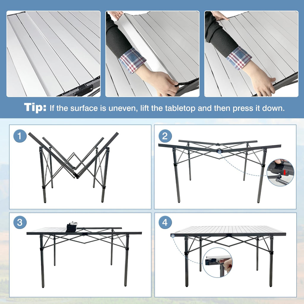 29.9" Tall Folding Camping Table for 2-6 Person, 54.7" Large Aluminum Foldable Roll-up Table Outdoor with Carry Bag for Picnic, Camp, Sturdy, Backyard, Patio B84374