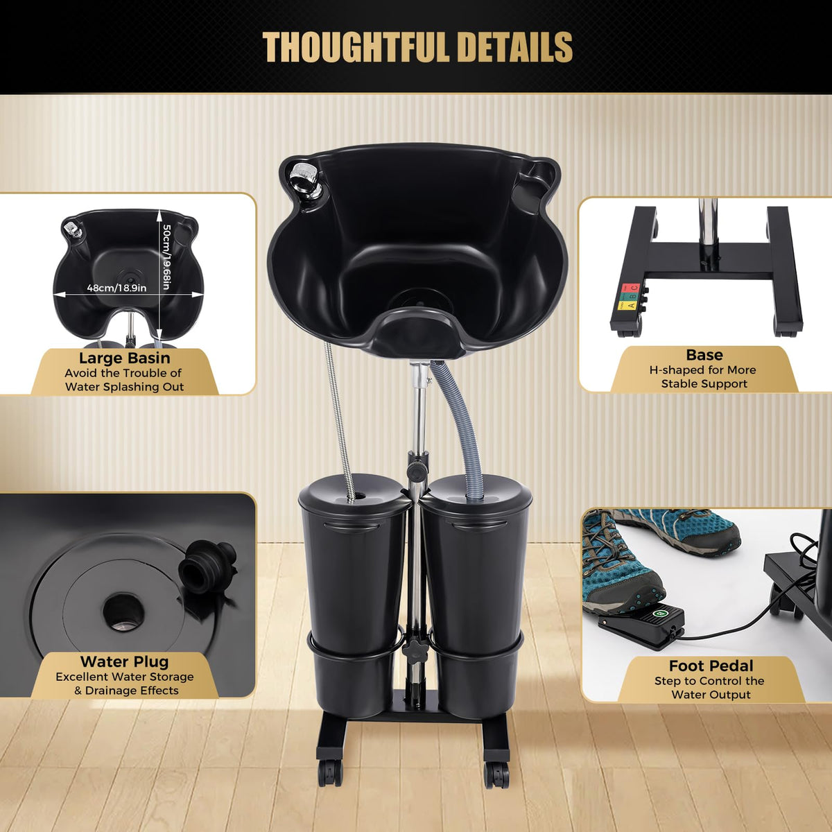 Portable Shampoo Bowl with Electric Pump, Adjustable Height, 2 Buckets, Black Z2048