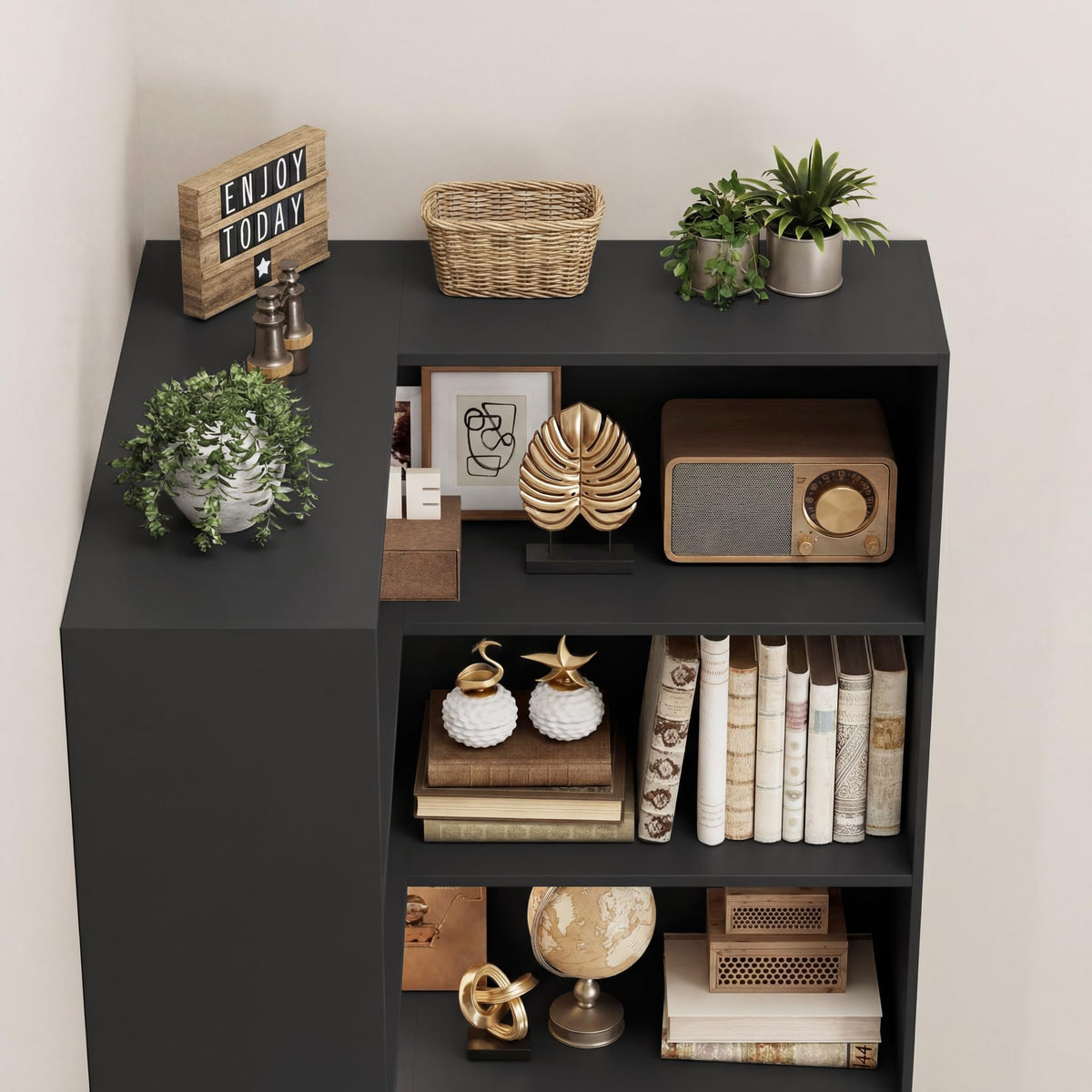 Corner Bookshelf with Storage, 73.5" Tall Black Bookcase Q249