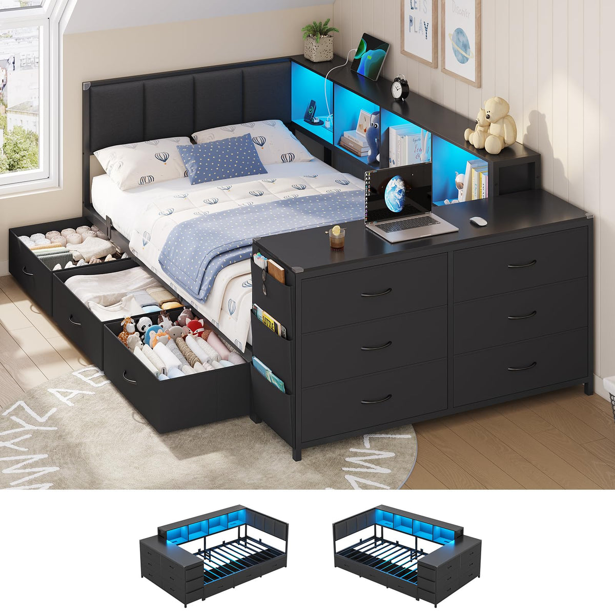 Twin Corner Bed with 6 Storage Dressers, 3 Drawers & Bookcase, Charging Station and LED Light, Desk, Upholstered Headboard, Black U528426