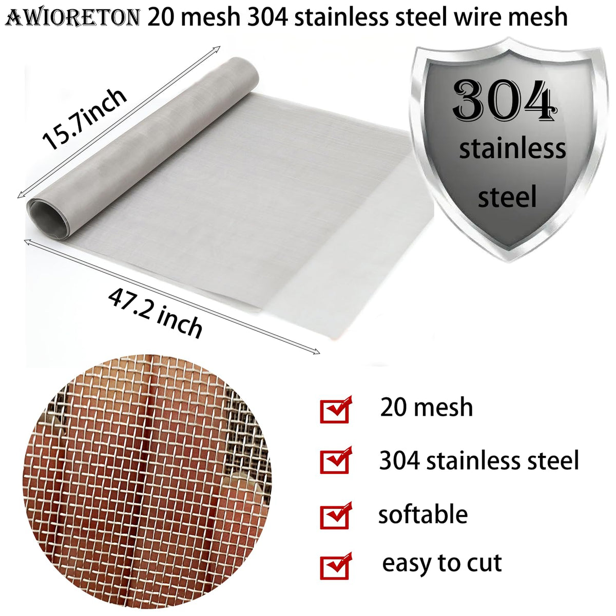 Stainless Steel Wire Mesh Screen 15.7 X 47 in 20 Mesh O833157