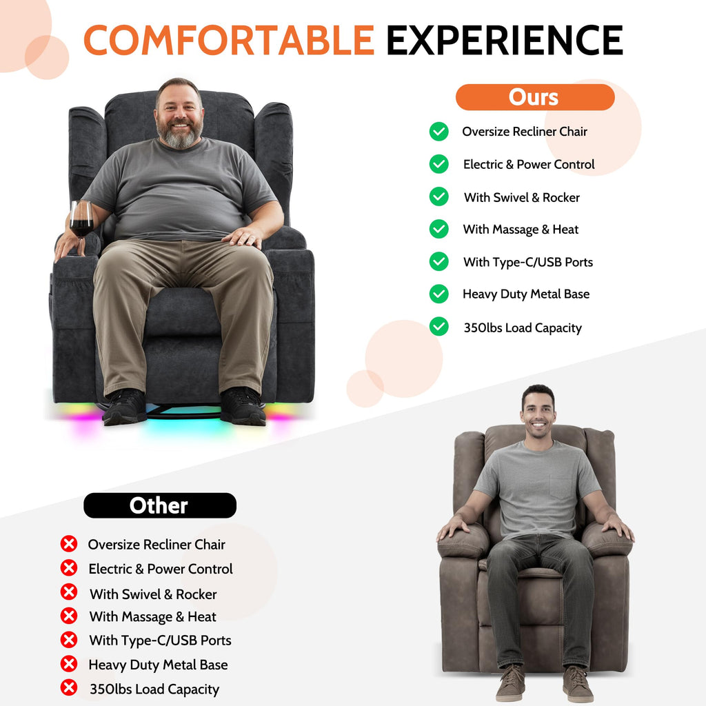 Velvet Gray Power Swivel Rocker Recliner Chair with Massage & Heat Y264