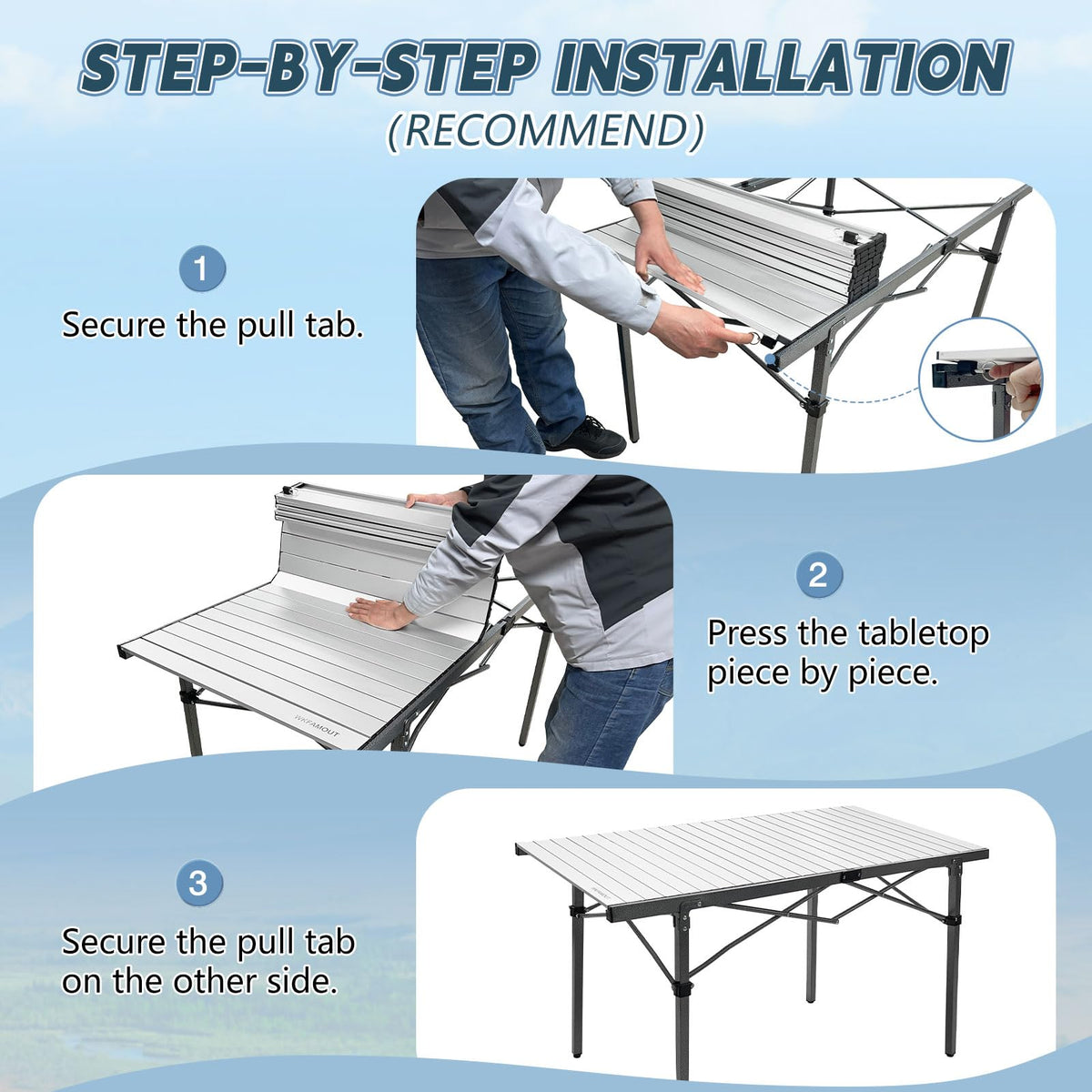29.9" Tall Folding Camping Table for 2-6 Person, 54.7" Large Aluminum Foldable Roll-up Table Outdoor with Carry Bag for Picnic, Camp, Sturdy, Backyard, Patio B84374