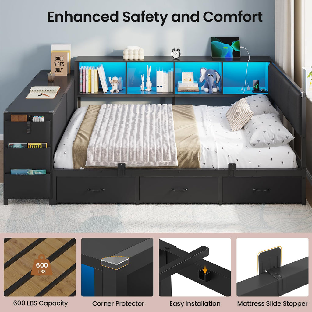 Twin Corner Bed with 6 Storage Dressers, 3 Drawers & Bookcase, Charging Station and LED Light, Desk, Upholstered Headboard, Black U528426