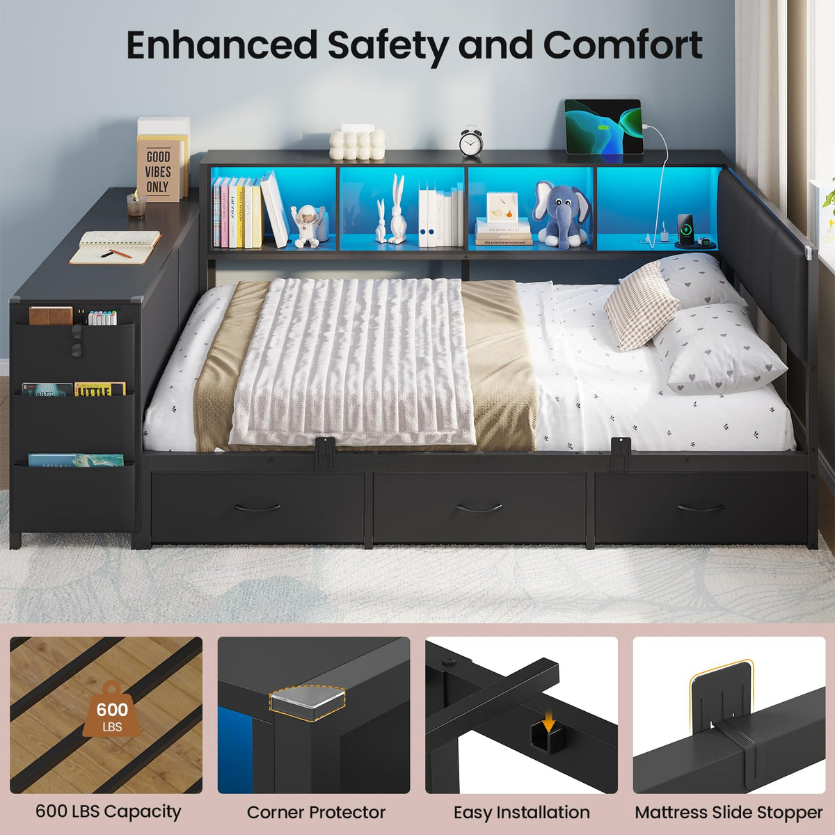 Twin Corner Bed with 6 Storage Dressers, 3 Drawers & Bookcase, Charging Station and LED Light, Desk, Upholstered Headboard, Black U528426