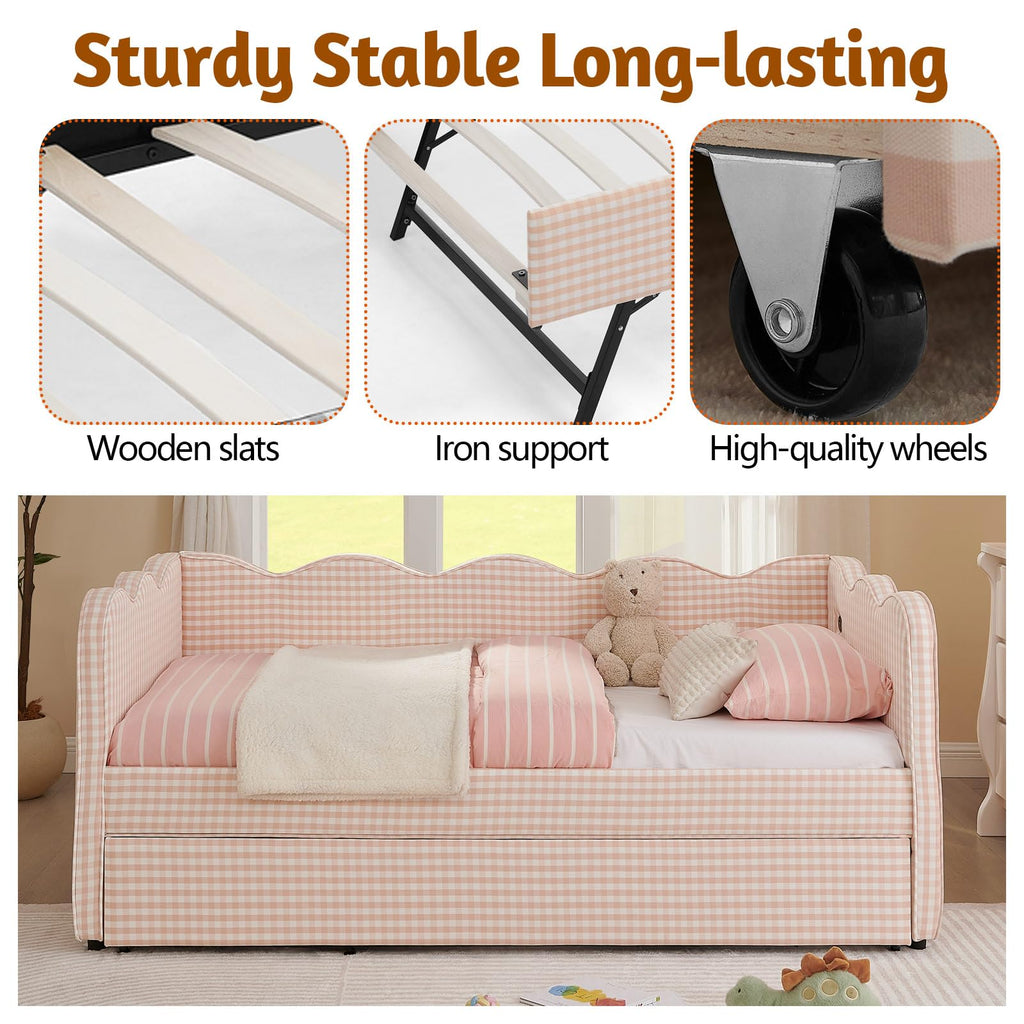 Pink Twin Size Gingham Daybed with Trundle V2306