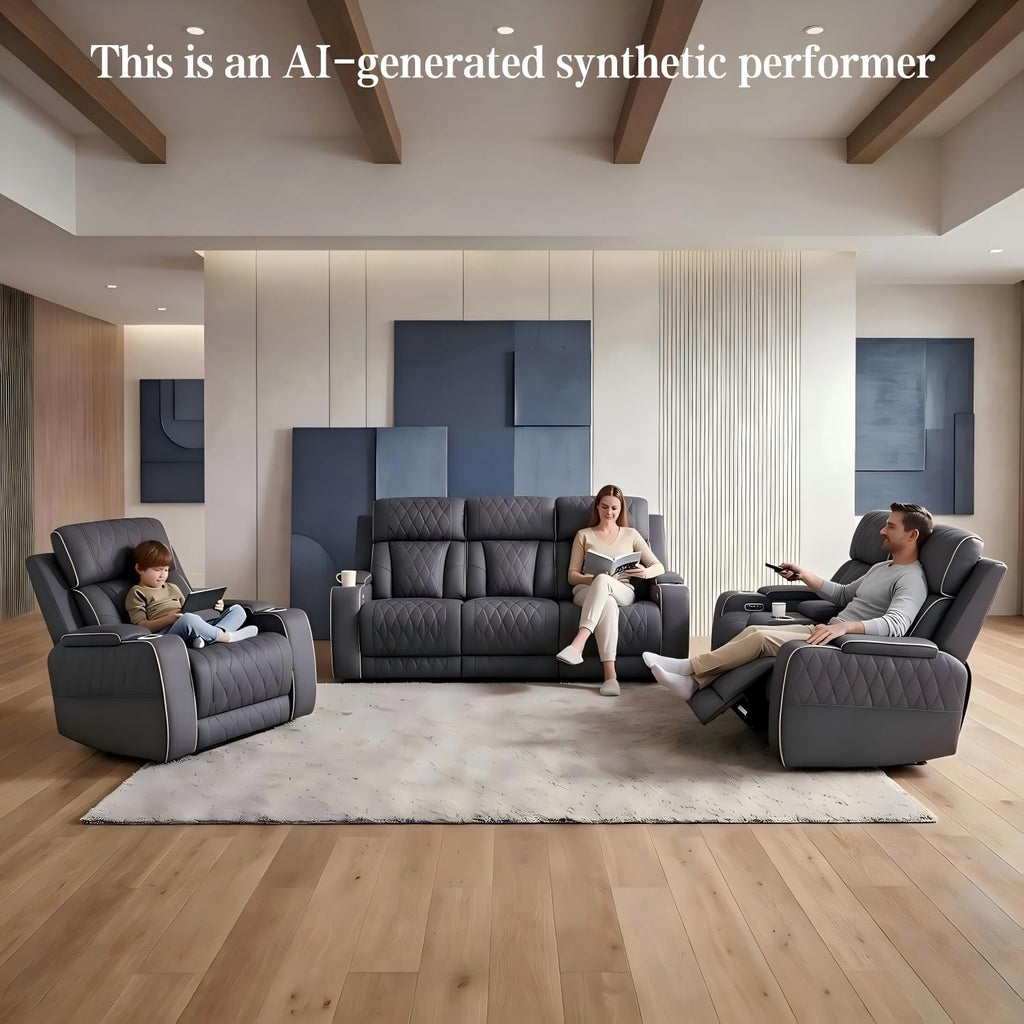 3 Piece Leather Power Recliner Sofa Set with LED Lights W390