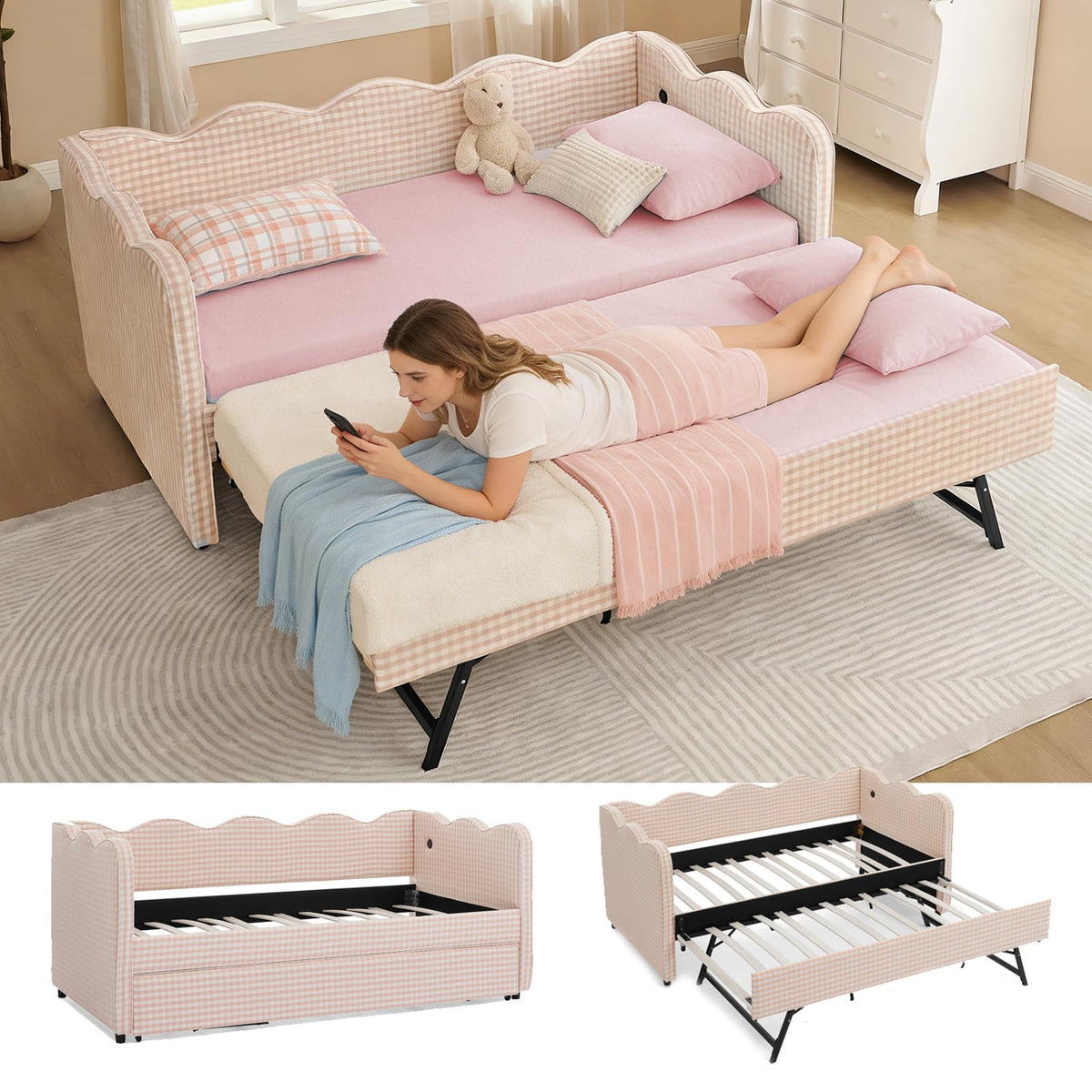 Pink Twin Size Gingham Daybed with Trundle V2306