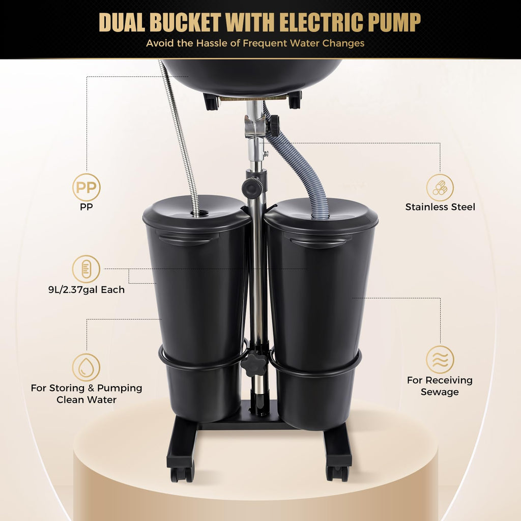 Portable Shampoo Bowl with Electric Pump, Adjustable Height, 2 Buckets, Black Z2048