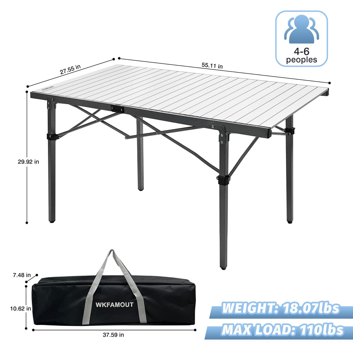 29.9" Tall Folding Camping Table for 2-6 Person, 54.7" Large Aluminum Foldable Roll-up Table Outdoor with Carry Bag for Picnic, Camp, Sturdy, Backyard, Patio B84374
