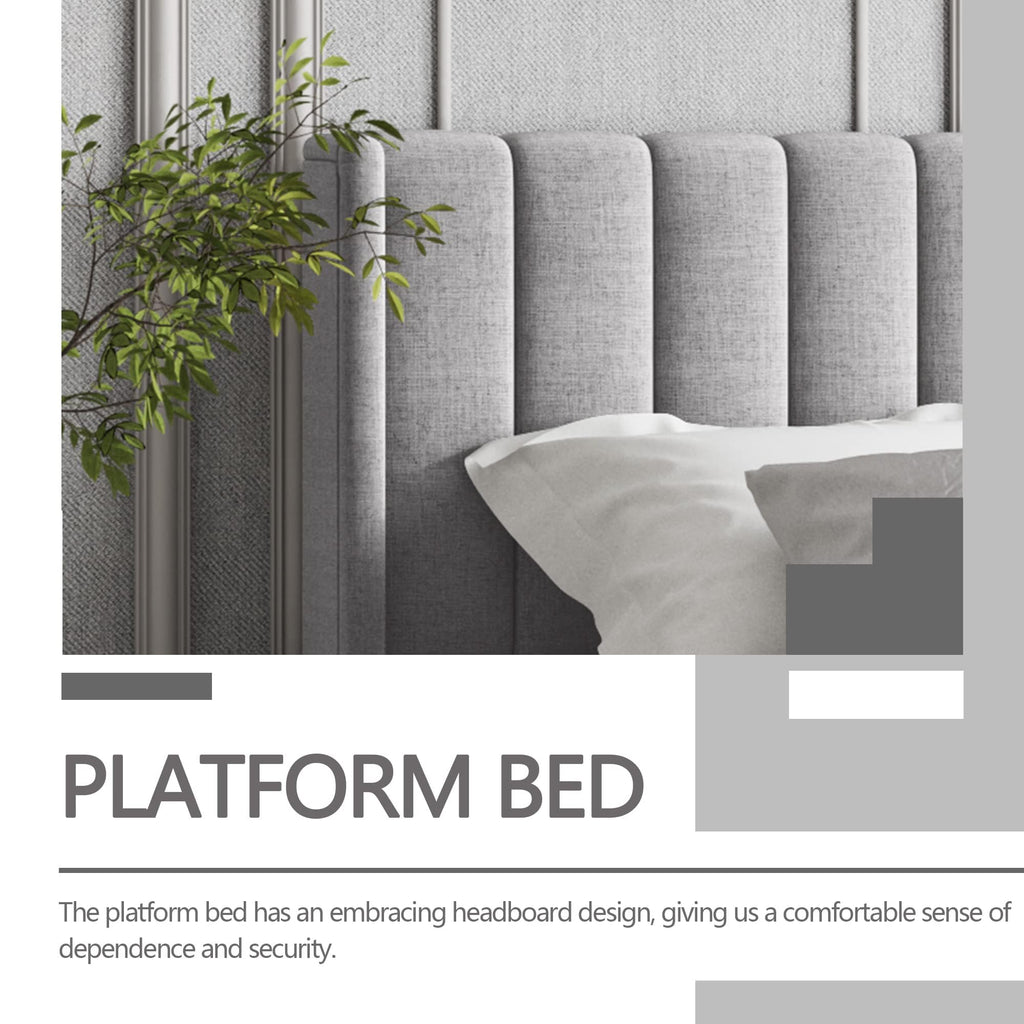 Twin Size Light Gray Linen Upholstered Bed Frame J92187