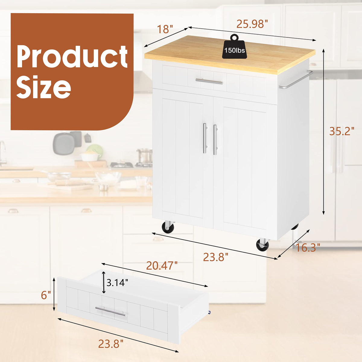 26" Rolling Kitchen Island Cart with Drawer, Shelves, Towel Rack, Lockable Casters, White S87267