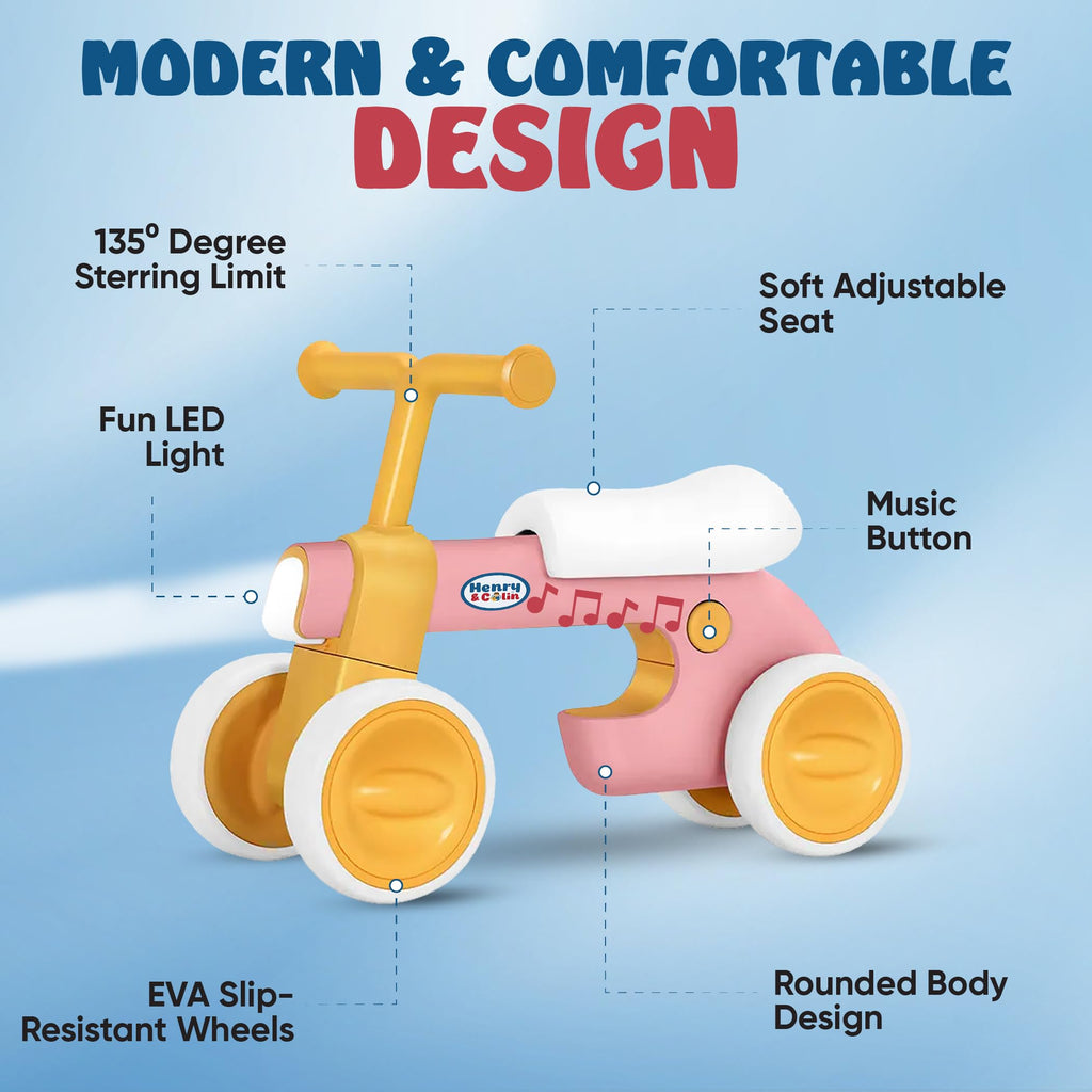 4 Wheel Toddler Balance Bike with Lights Music Soft Seat Pink Q594477