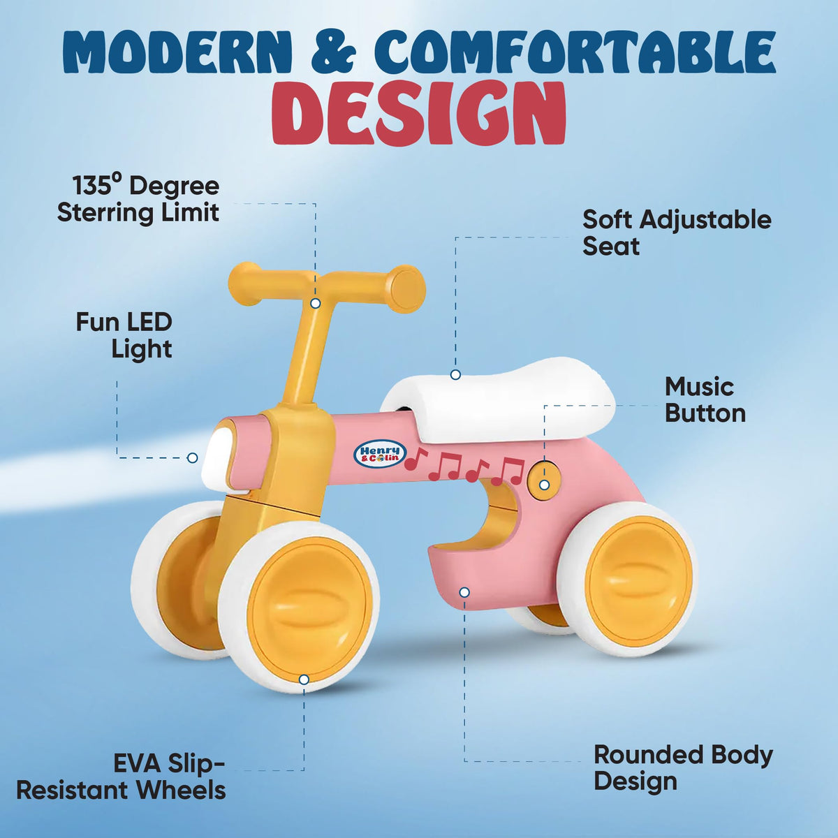 4 Wheel Toddler Balance Bike with Lights Music Soft Seat Pink Q594477